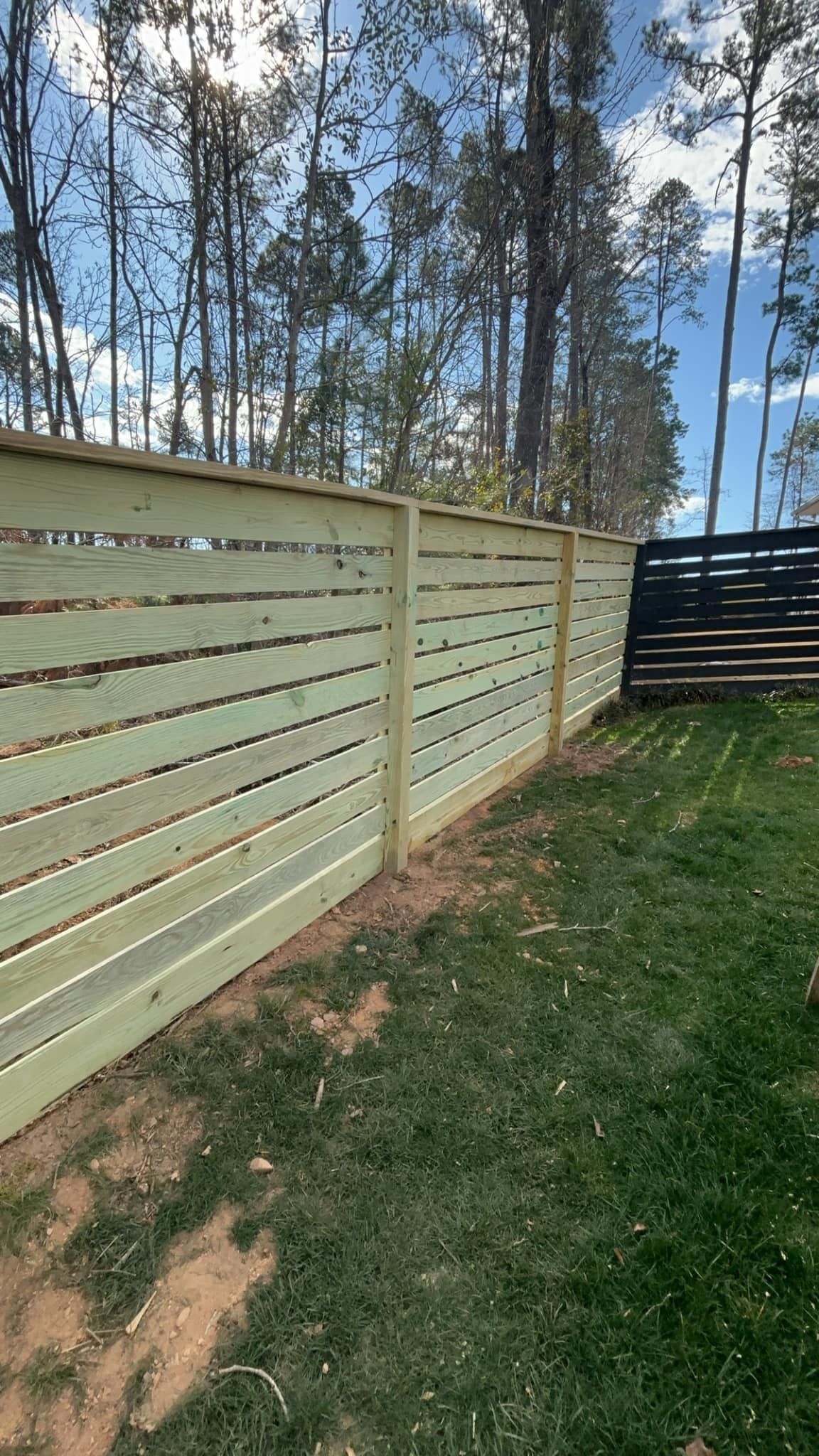 Wooden horizontal slat fence in a grassy yard under a blue sky, trees in background.