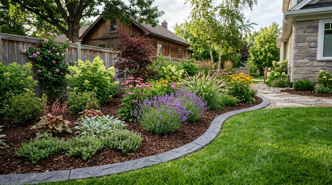 Landscaped garden with purple flowers, shrubs, and a curved stone border beside a house