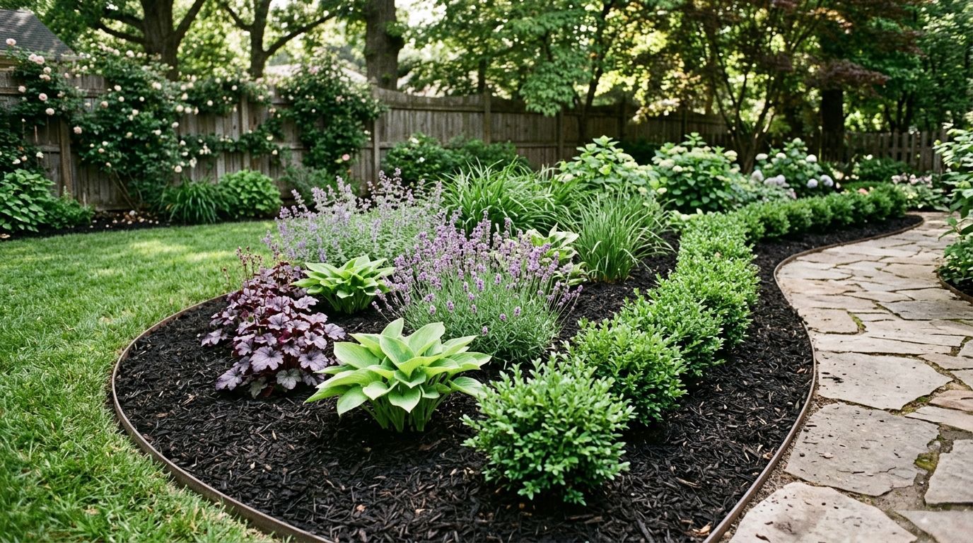 Curved garden bed with green and purple plants beside a stone pathway in a landscaped yard