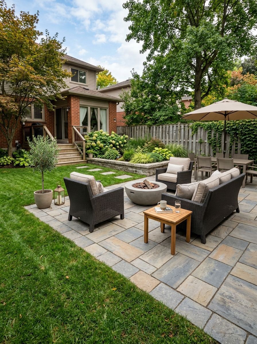 Backyard patio with wicker seating, fire pit, and umbrella surrounded by lush greenery