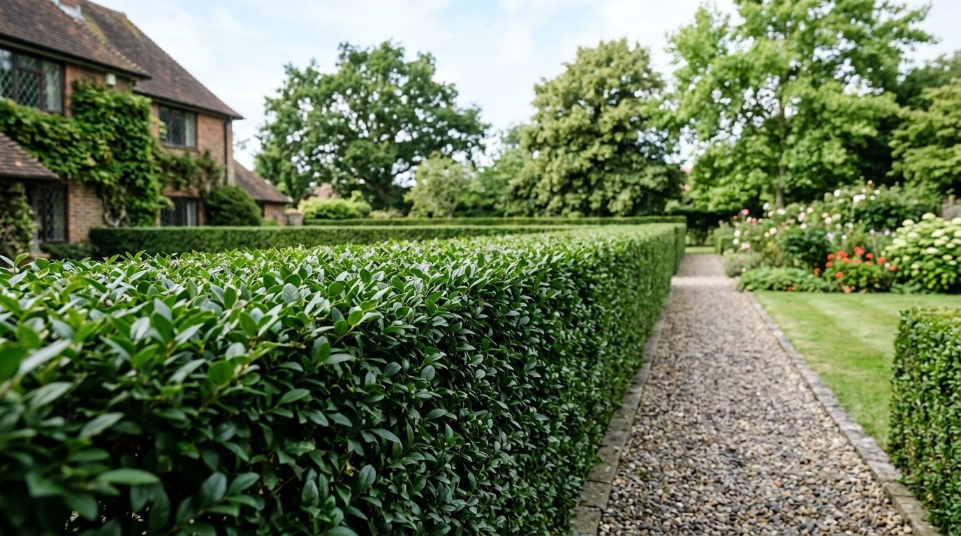 Neatly trimmed hedge beside a gravel garden path, with a house and lush greenery in the background