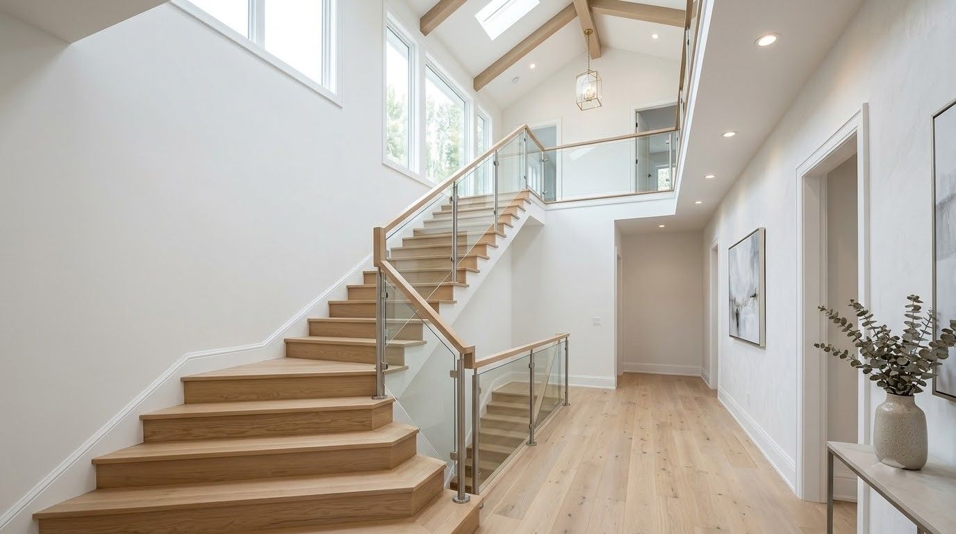 Bright modern hallway with white doors, wood floors, staircase, and a patterned runner rug