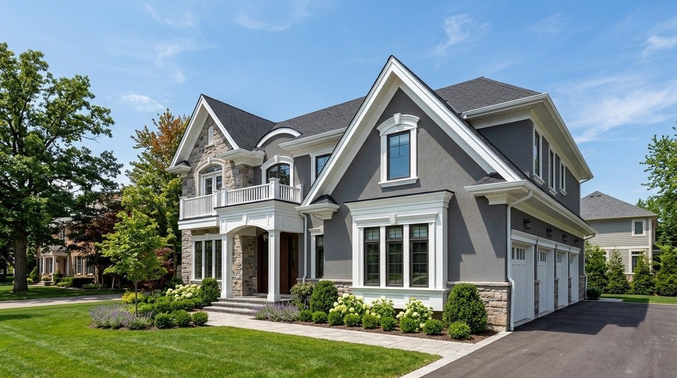 Stone house entry with wooden double doors, arched porch, and landscaped front garden at dusk