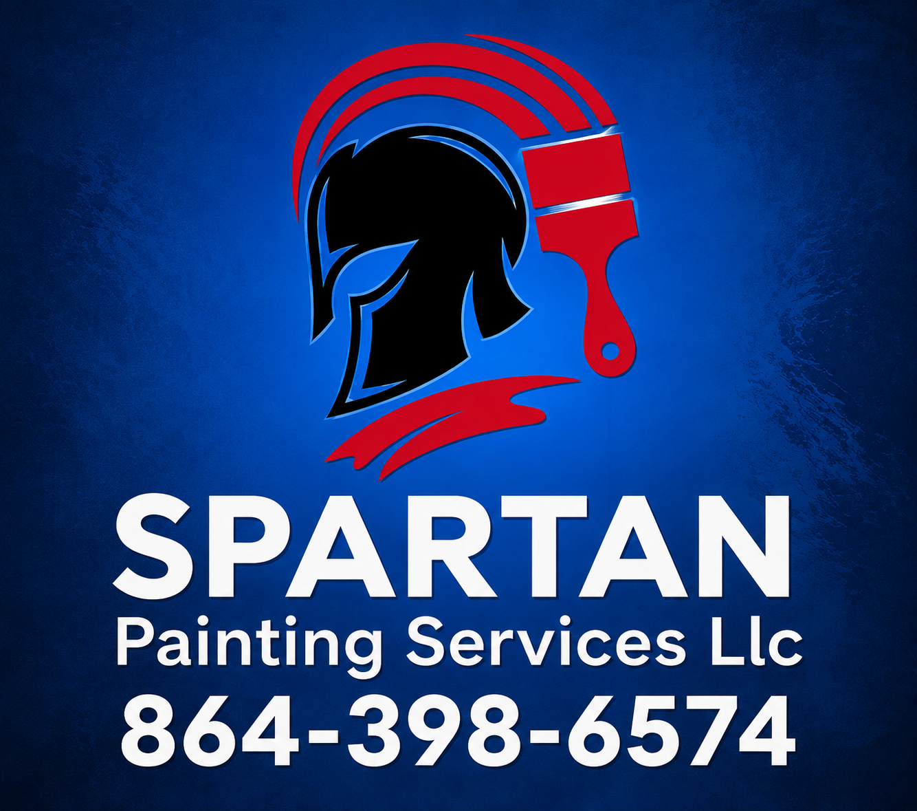 SPARTAN Painting Services LLC logo with black Spartan helmet, red brush, and phone number 864-398-6574