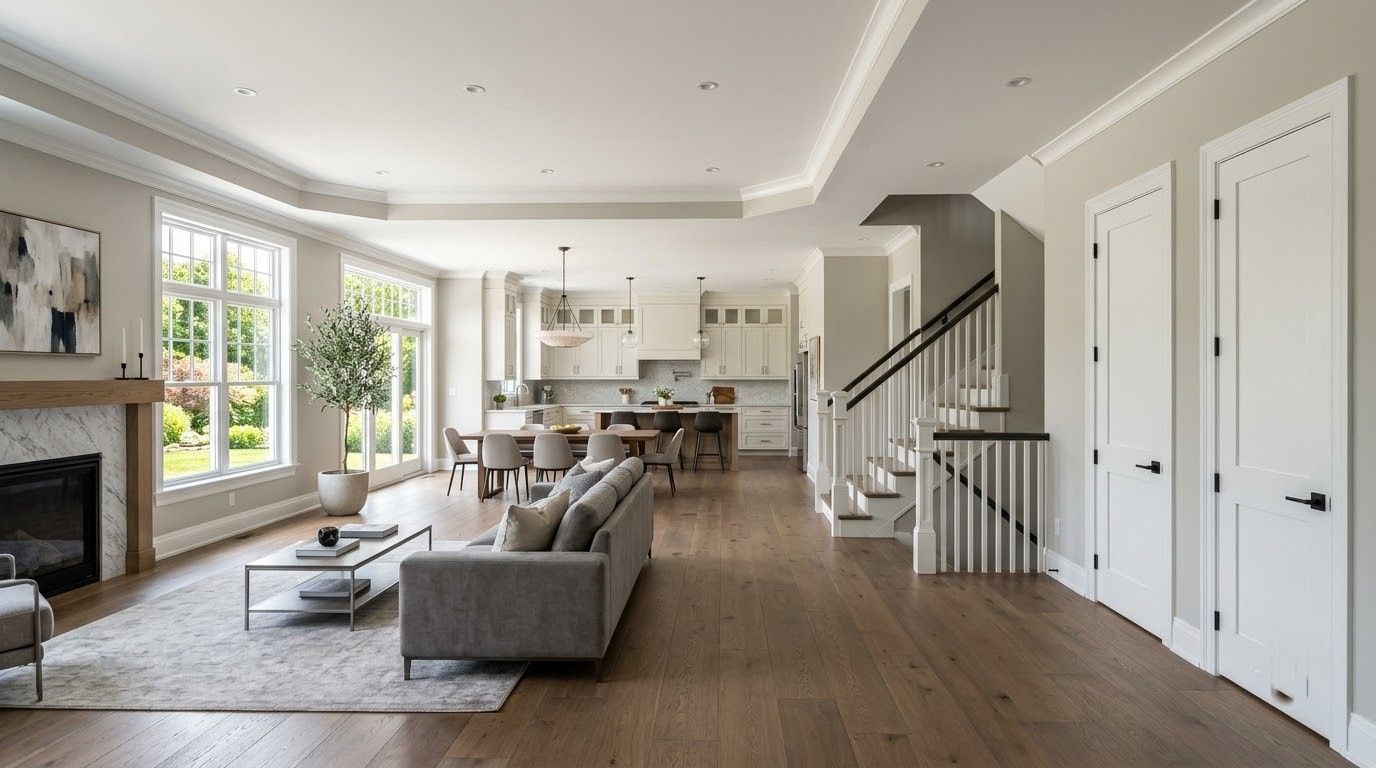 Bright modern hallway with white doors, wood floors, staircase, and a patterned runner rug