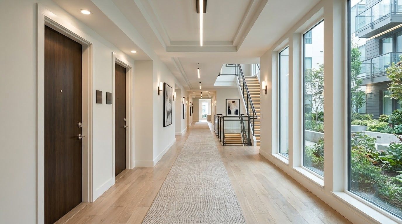Bright modern hallway with white doors, wood floors, staircase, and a patterned runner rug