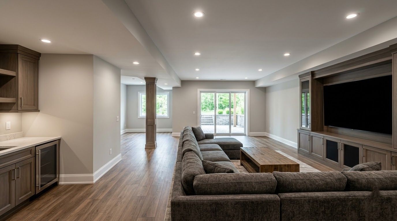 Bright modern hallway with white doors, wood floors, staircase, and a patterned runner rug