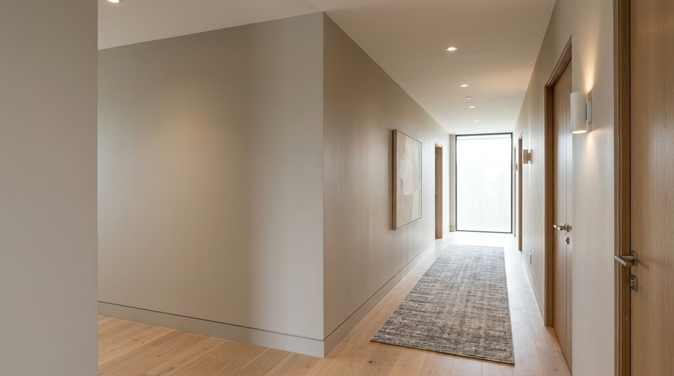 Bright modern hallway with white doors, wood floors, staircase, and a patterned runner rug