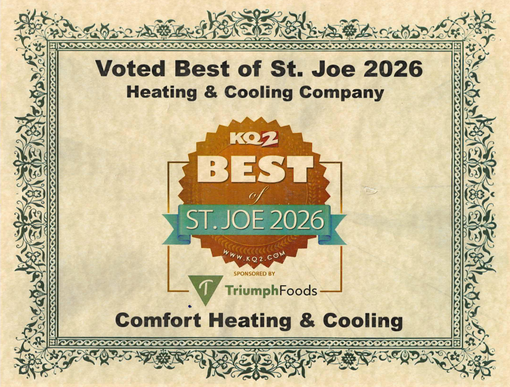 Voted Best of St. Joe 2026 award graphic for Comfort Heating & Cooling with ornate gold border and logos