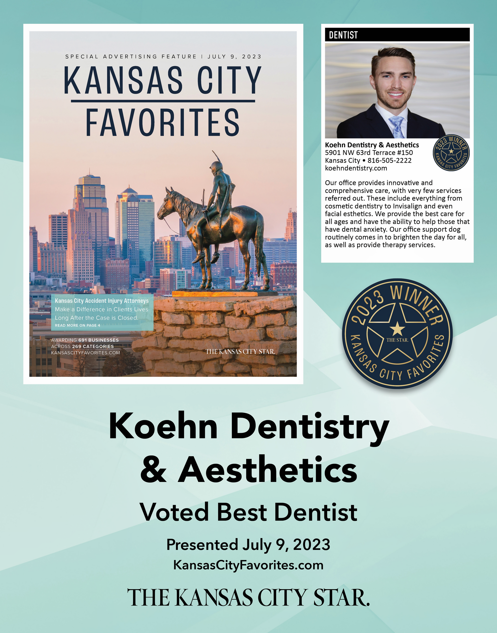 Koehn Dentistry & Aesthetics, voted best dentist in Kansas City. Featuring a photo of a man, and a book cover.