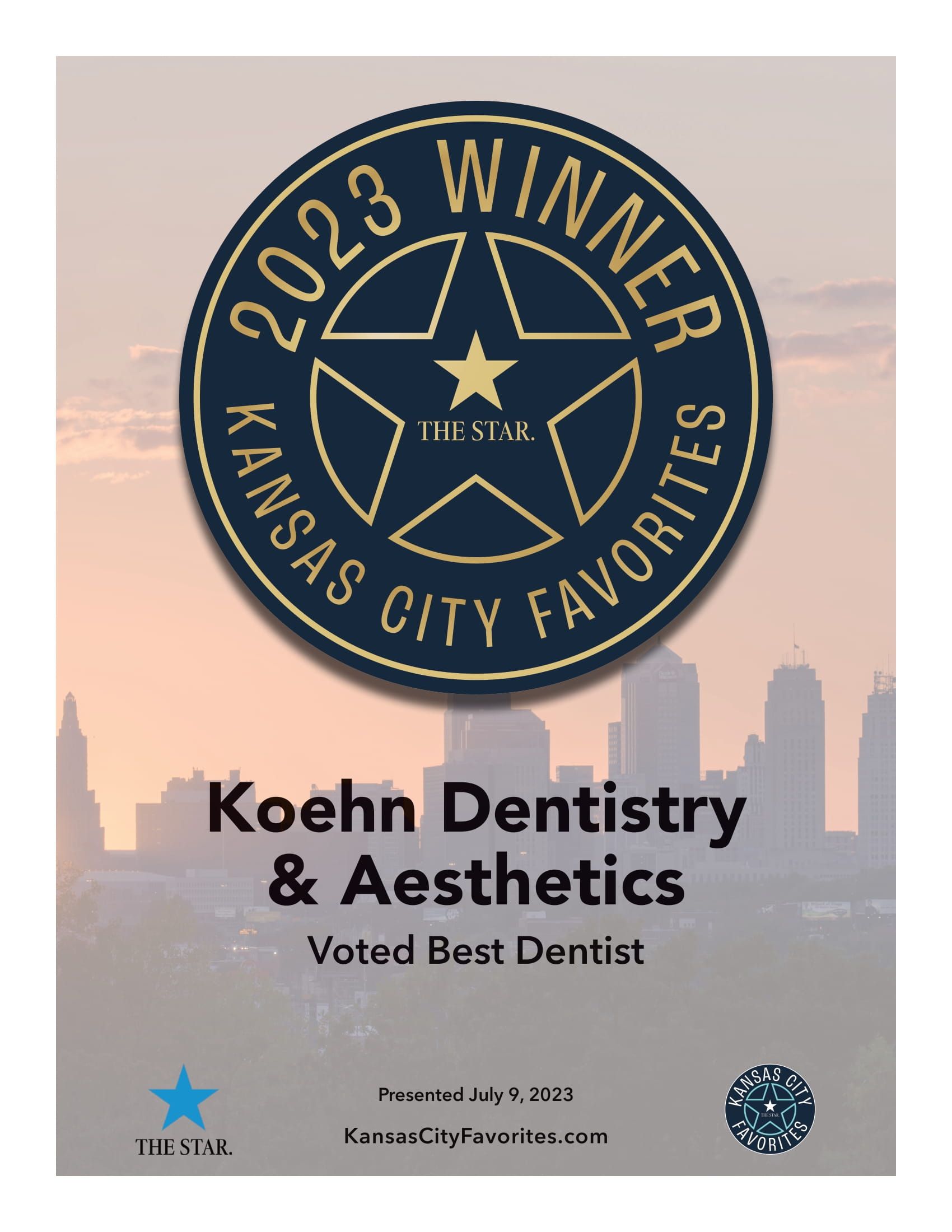 Koehn Dentistry & Aesthetics 2023 Kansas City Favorites Winner. Silhouette of city skyline, blue and gold design. Voted Best Dentist.