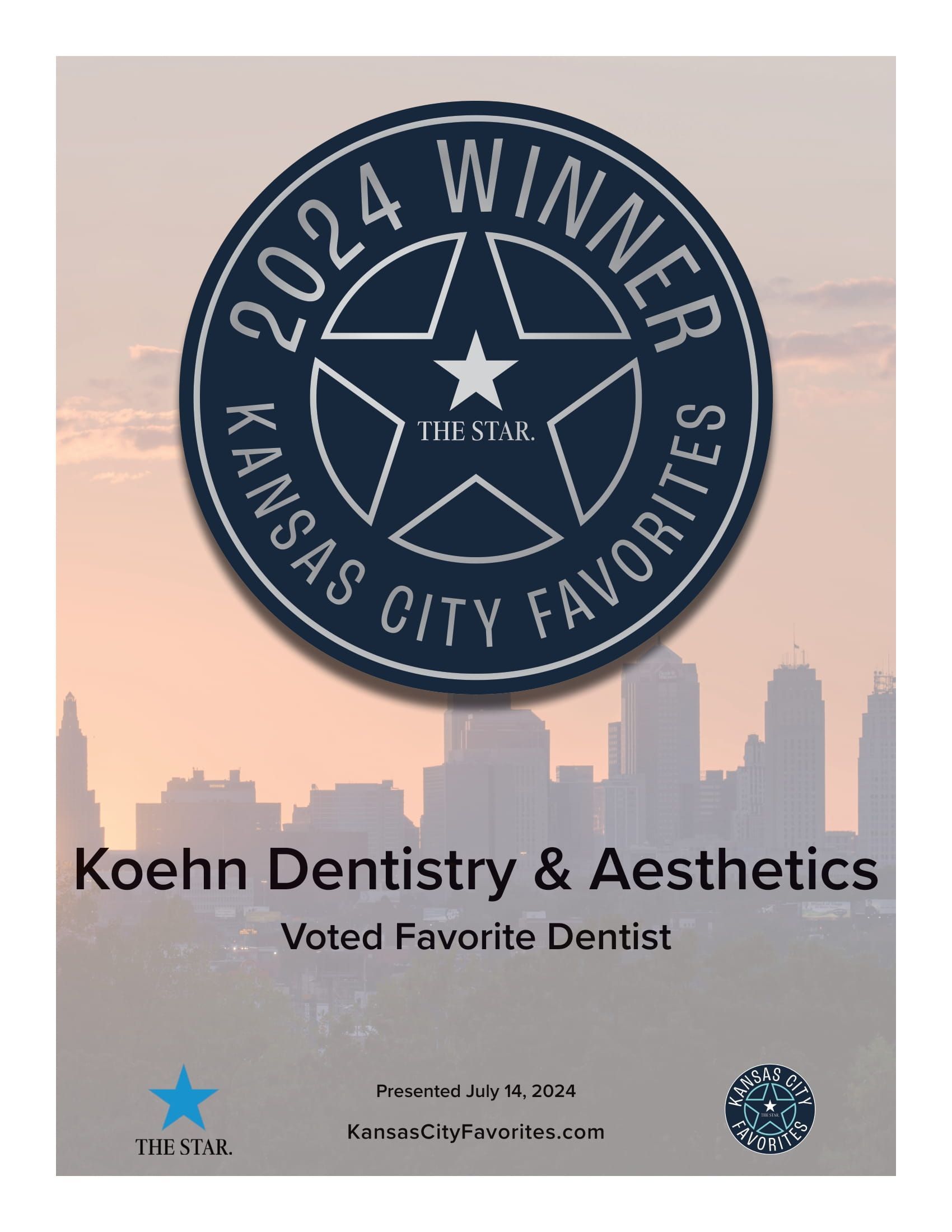 Koehn Dentistry & Aesthetics award: 2024 Kansas City Favorites Winner. Silhouette of city skyline.