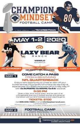 Champion Minds football camp poster with players and coaches; May 1–2, 2020, at Lazy Bear Ranch.