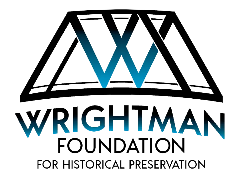 Wrightman Foundation for Historical Preservation logo with black and blue stylized roof icon and text.
