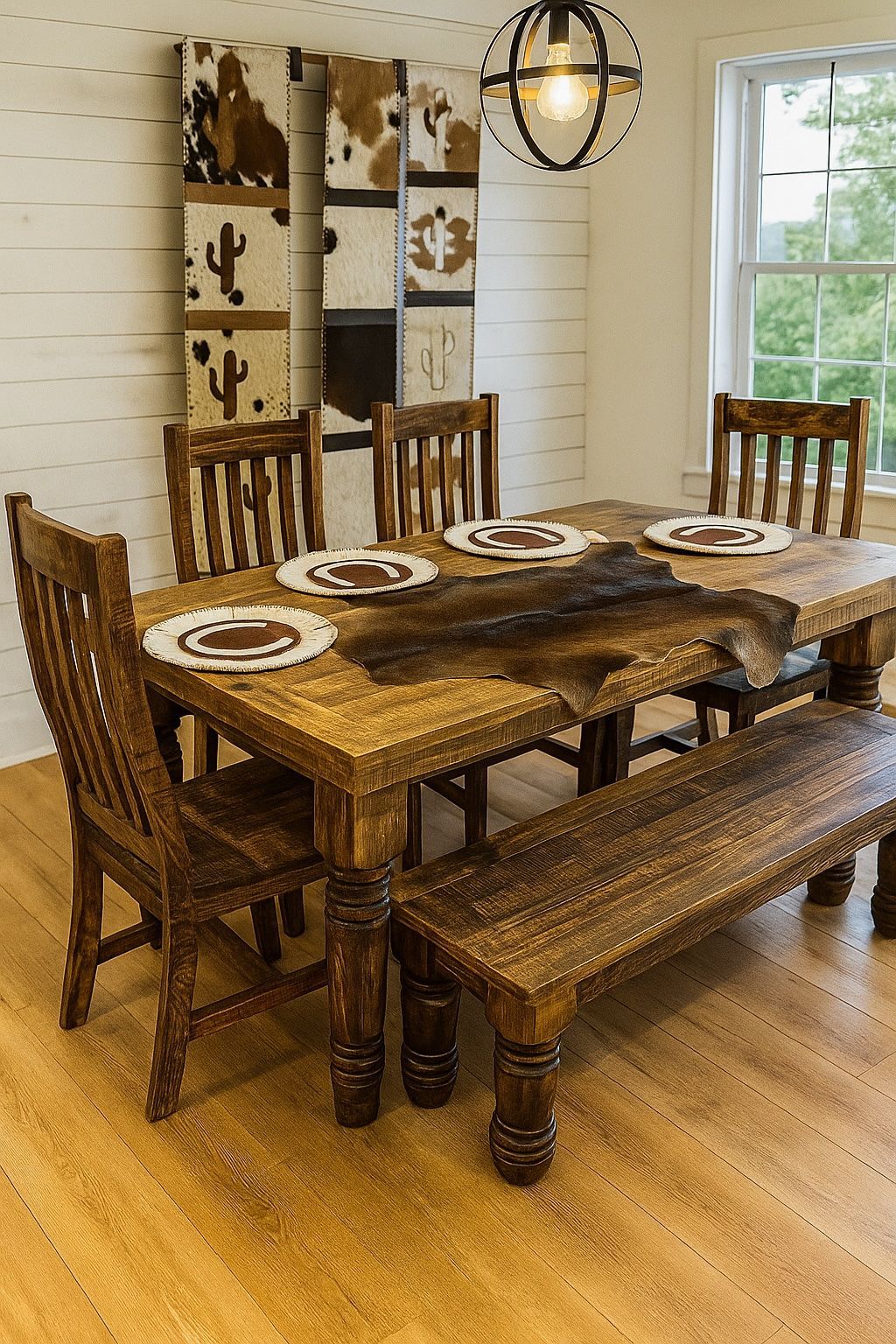 Rustic dining room with wooden table, chairs, bench, and decorative wall panels.