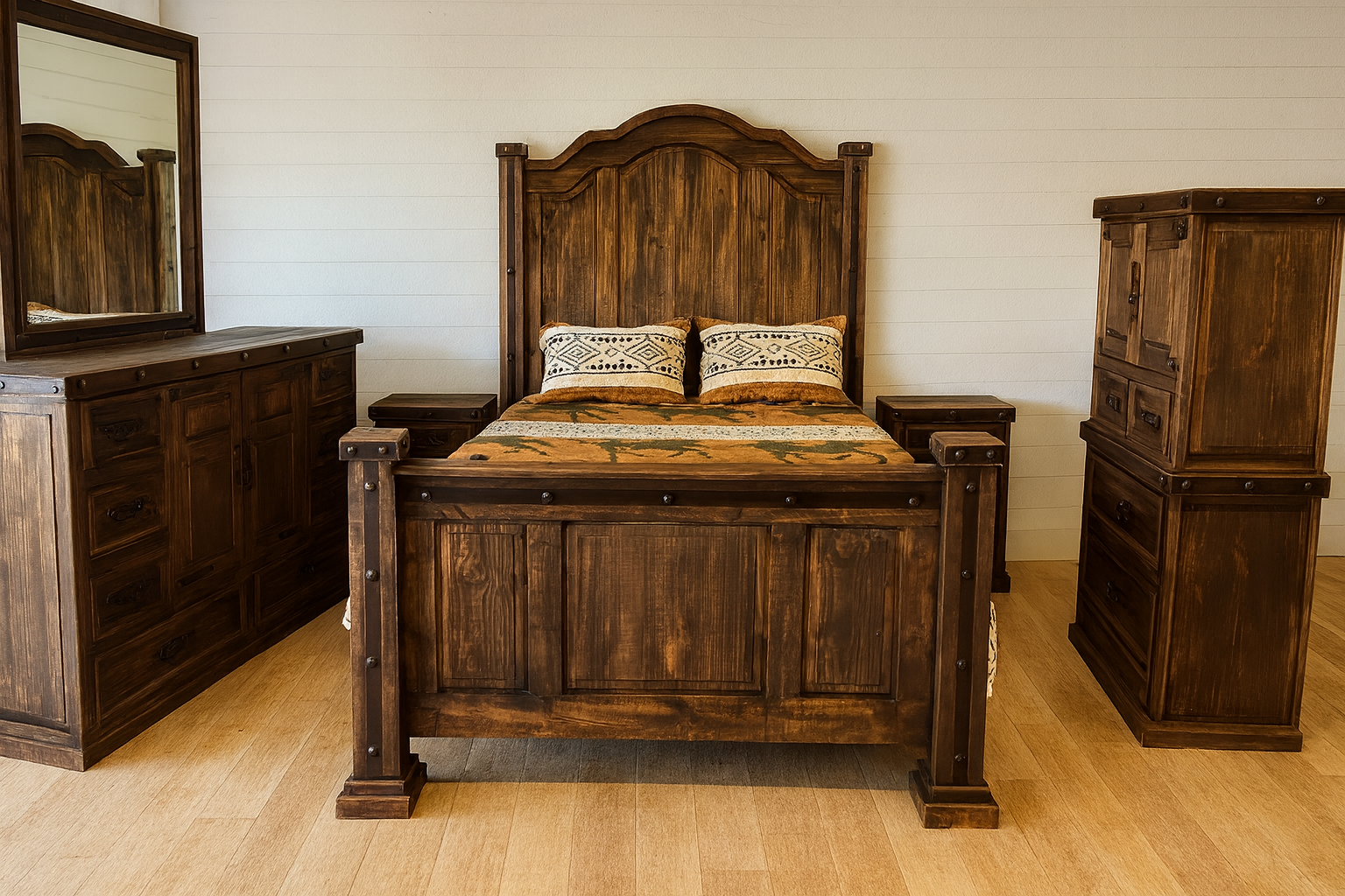 Rustic wooden bedroom set: bed, dresser with mirror, two nightstands, and tall chest.