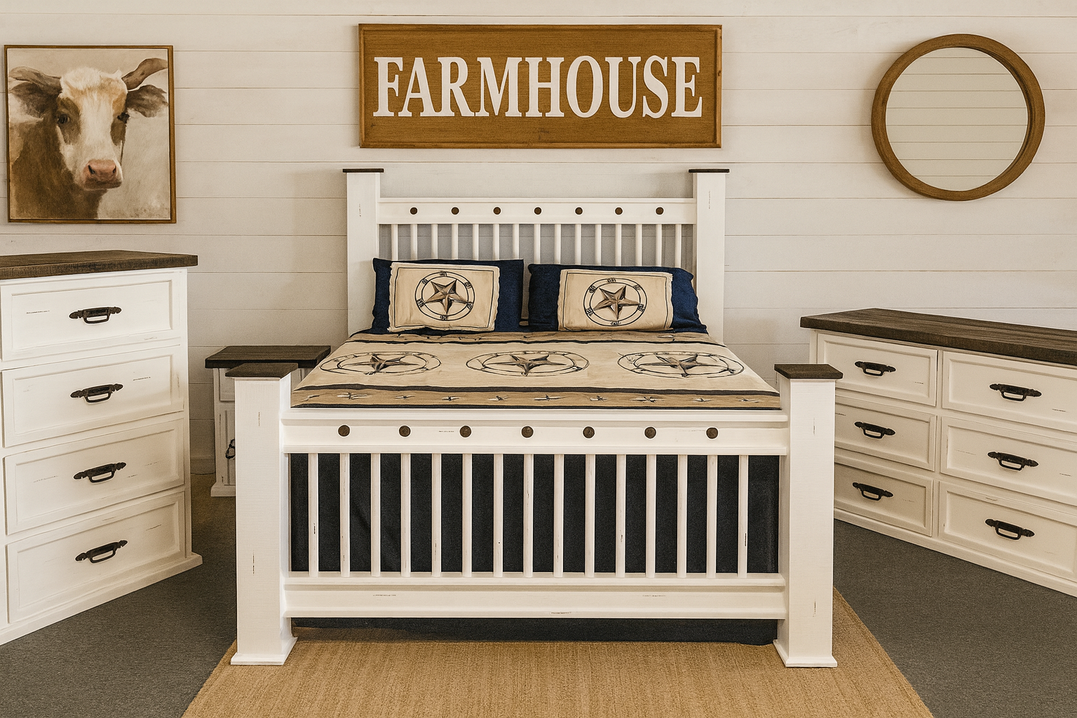 Farmhouse bedroom set: white bed frame, dresser, and chest with a cow painting and round mirror.