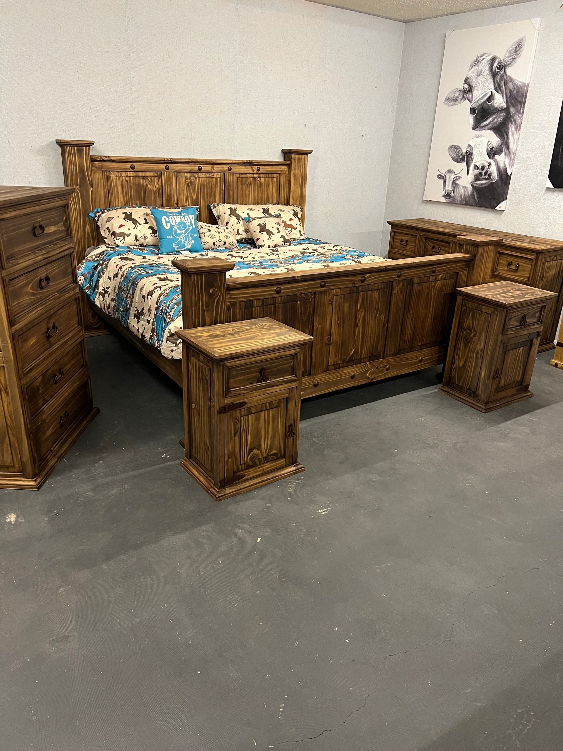 Rustic wooden bedroom set.