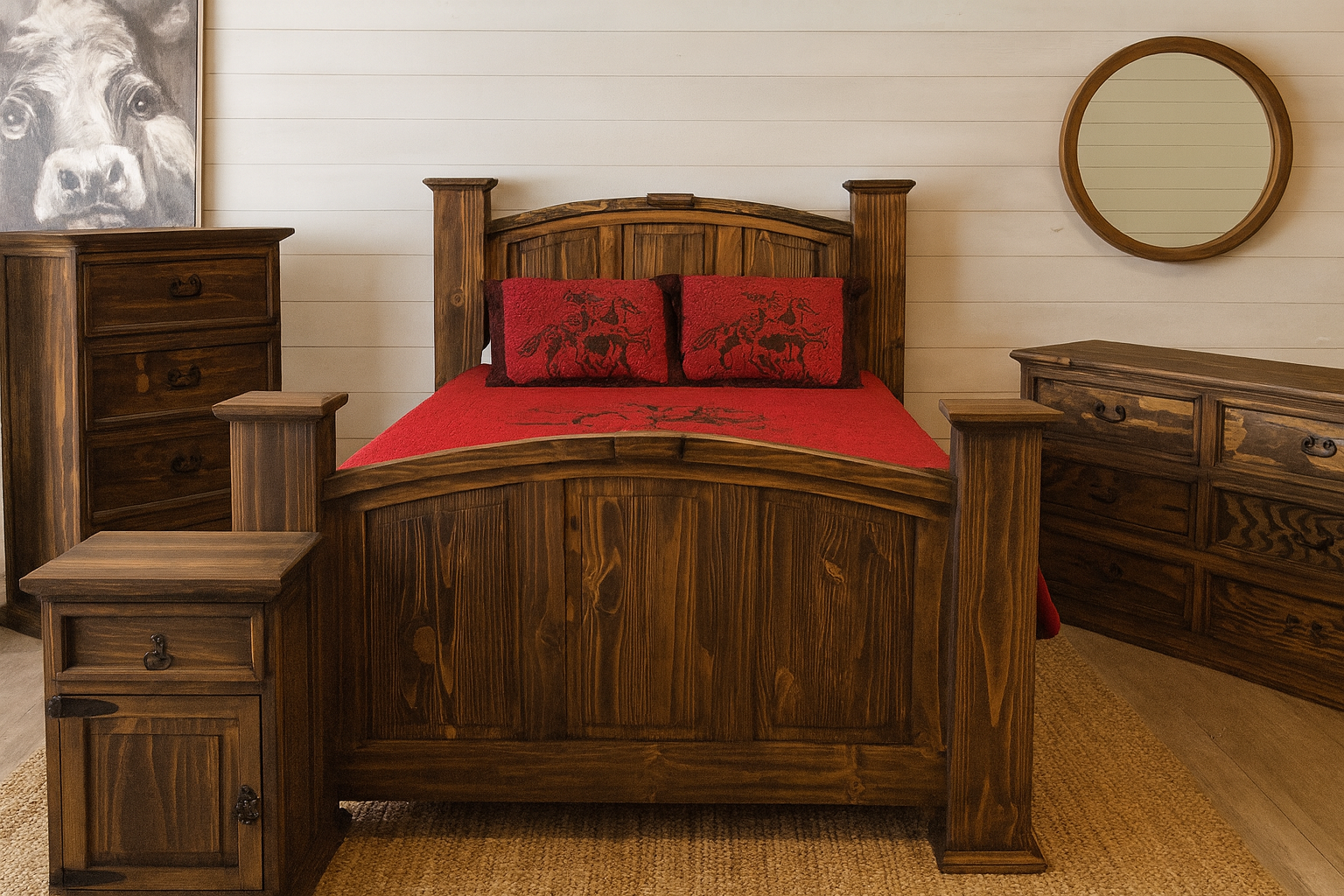 Rustic wooden bedroom set with bed, nightstand, dresser, and mirror; red accents.