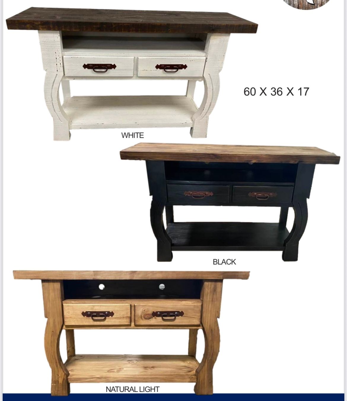 Rustic wooden console table with two drawers, rooster painting above.