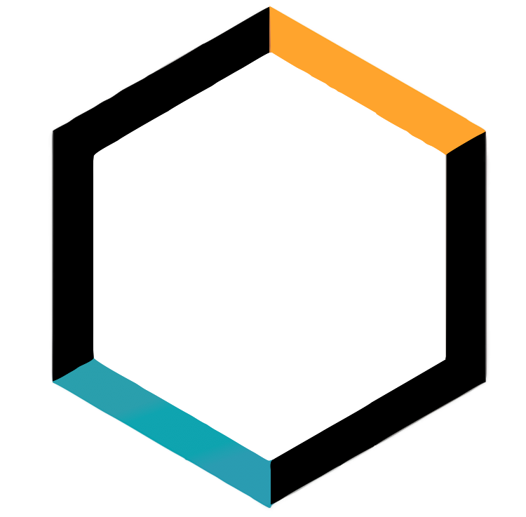 A black , blue , and orange hexagon on a white background.