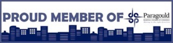 “Proud member of” Paragould logo with blue city skyline and white background