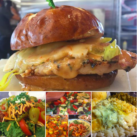 Cheesy grilled chicken sandwich on a glossy bun with a collage of colorful food dishes below