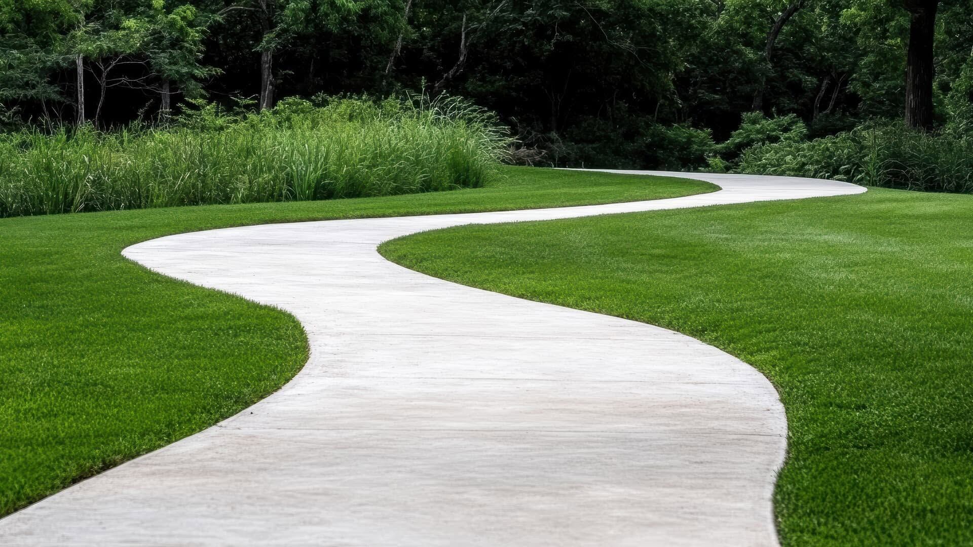 Winding white path through green grass beside tall trees and shrubs