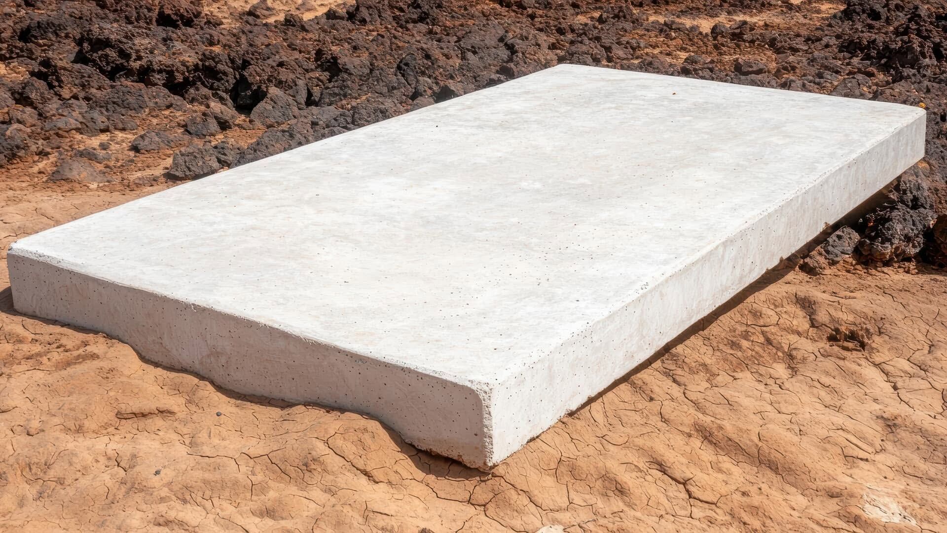 White concrete slab on sandy ground outdoors, viewed from a low angle.