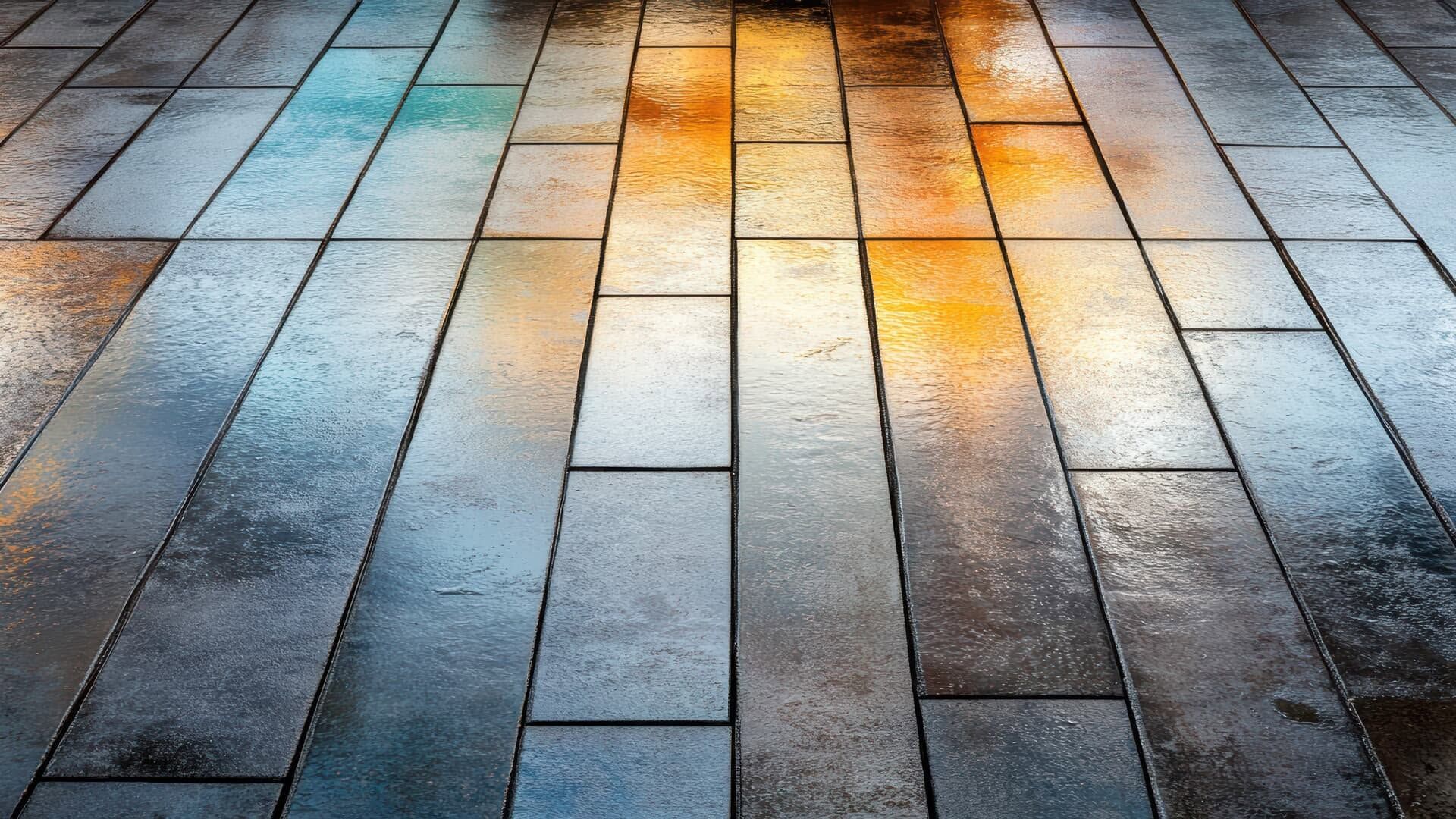 Wet stone pavement reflecting warm sunlight in a tiled walkway