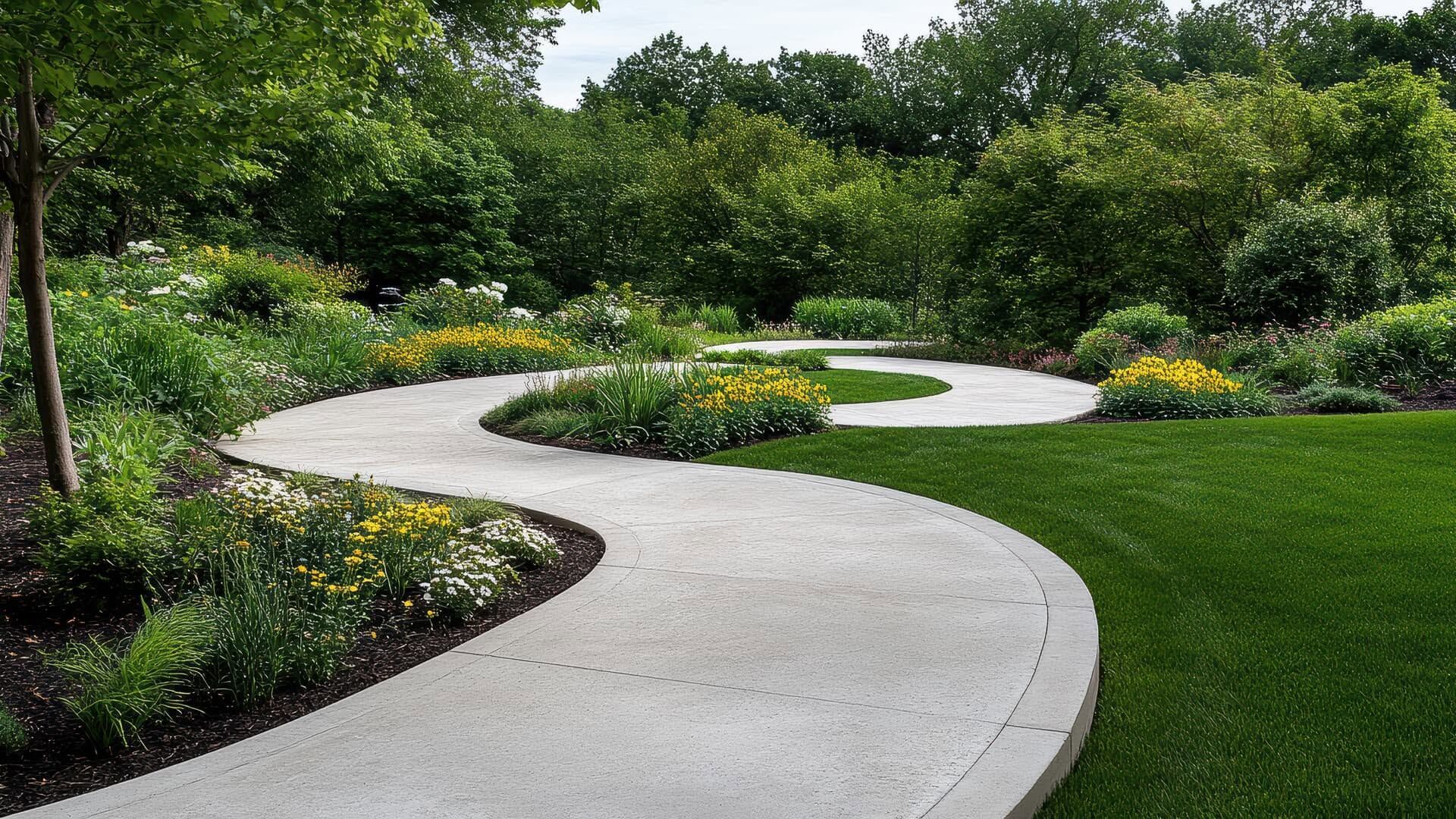 Curving concrete garden path through lush green landscaping and yellow flowers