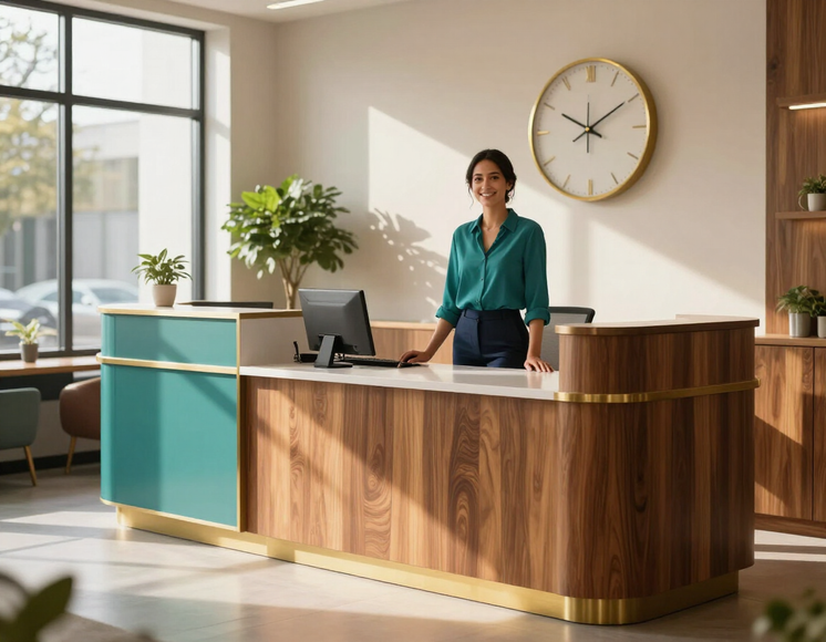 Warm boutique-style office reception counter at Signature Tag & Title