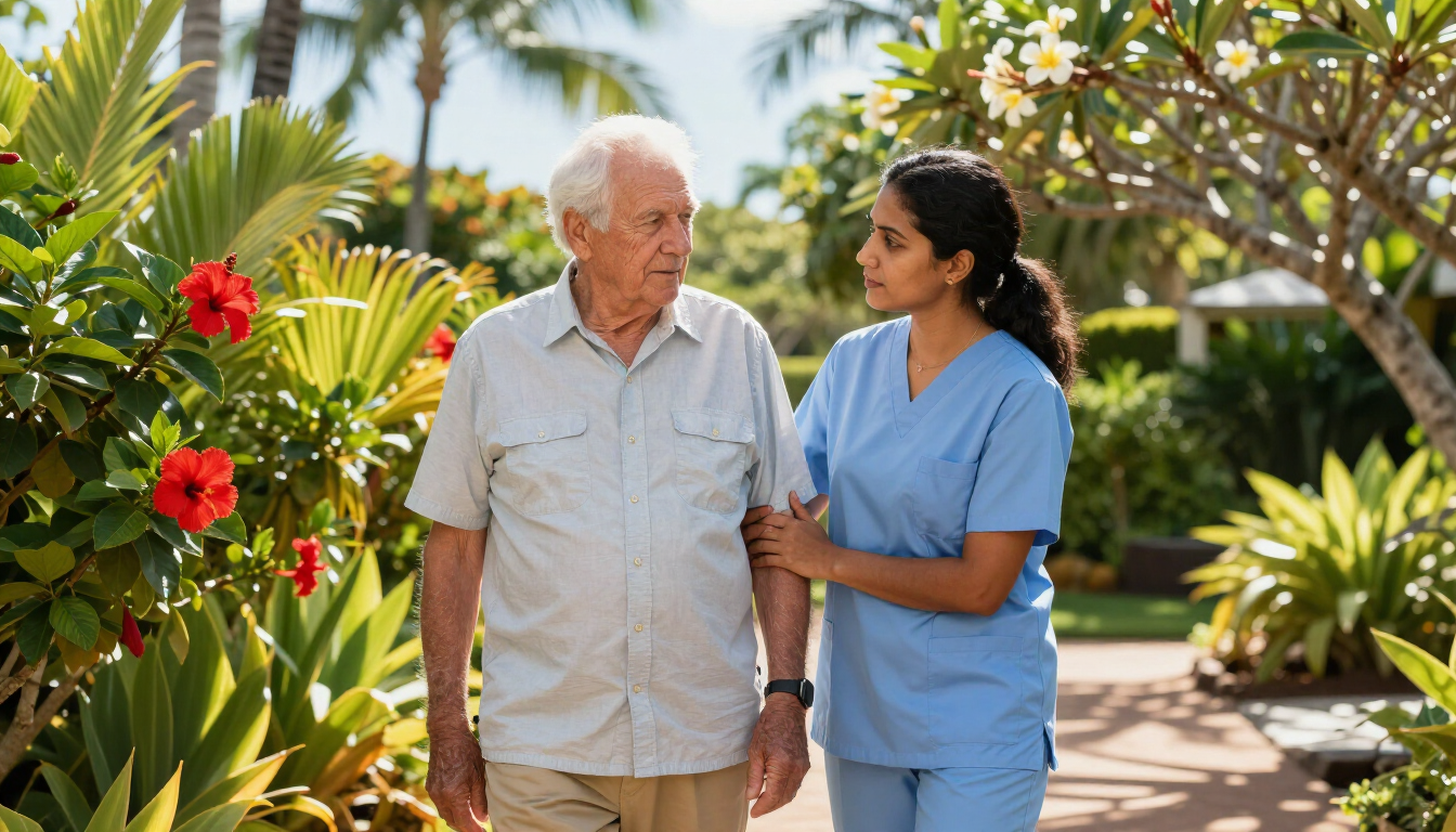Caregiver and senior in Hawaii garden