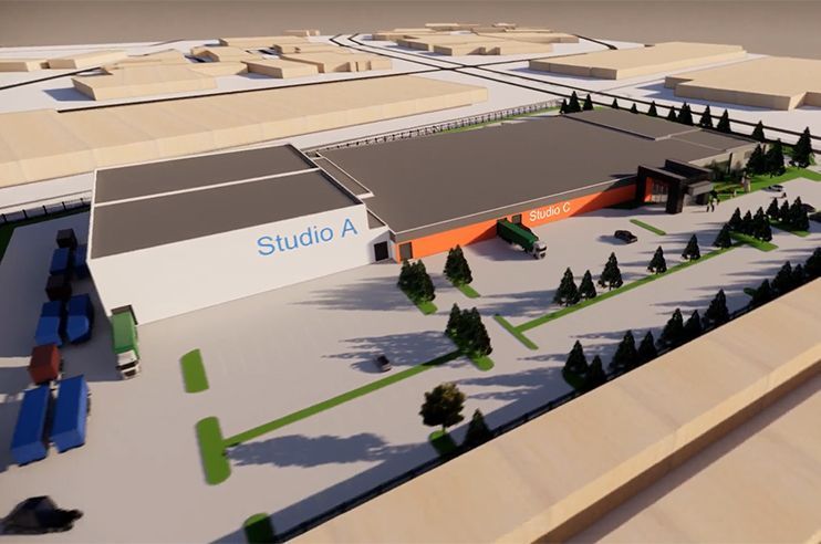 An aerial view of a large building called studio a.