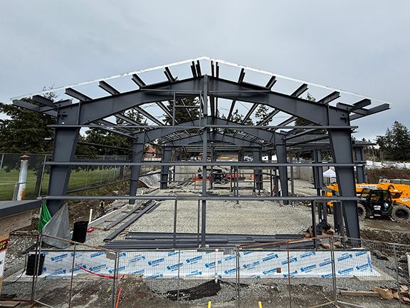 Steel framing for mezzanine at a building construction site in British Columbia off Vancouver Island.