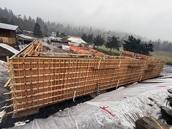 Overhead view of wood concrete forms on Salt Spring Island, BC building project.