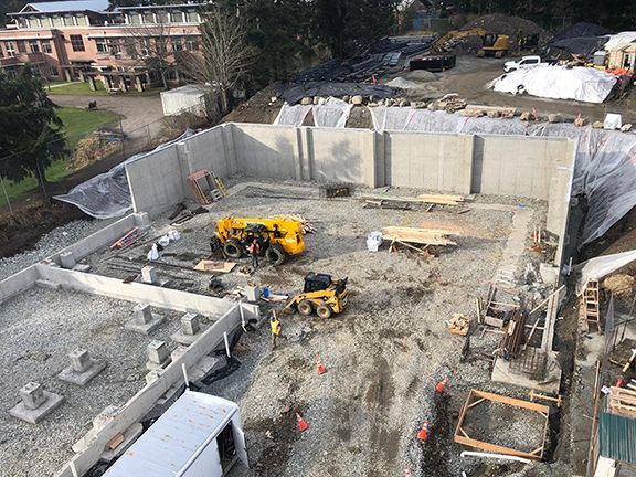 Top view of Windsor Plywood construction site on Salt Spring Island for their new metal building.
