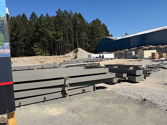 Steel i-beams are piled at the construction site in Nanaimo, B.C.