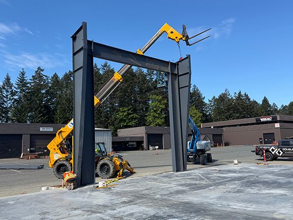 Closer look at primary framing being used for steel building project in BC.