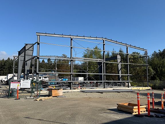 Steel wall framing at PEMB project site in Nanaimo, British Columbia.