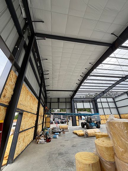 Interior look at the roof and wall framing as well as waterproof lining.