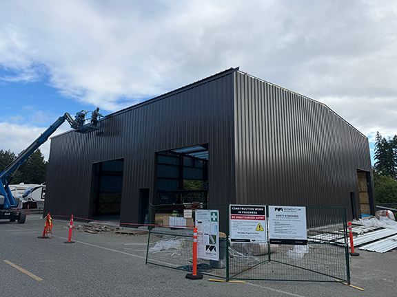 Side view of metal building project on Vancouver Island in British Columbia.