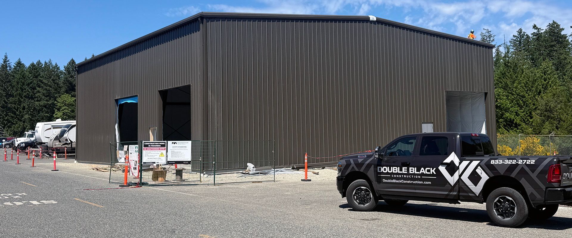 Side view of the pre-engineered building being constructed in Nanaimo, BC by Double Black Construction.