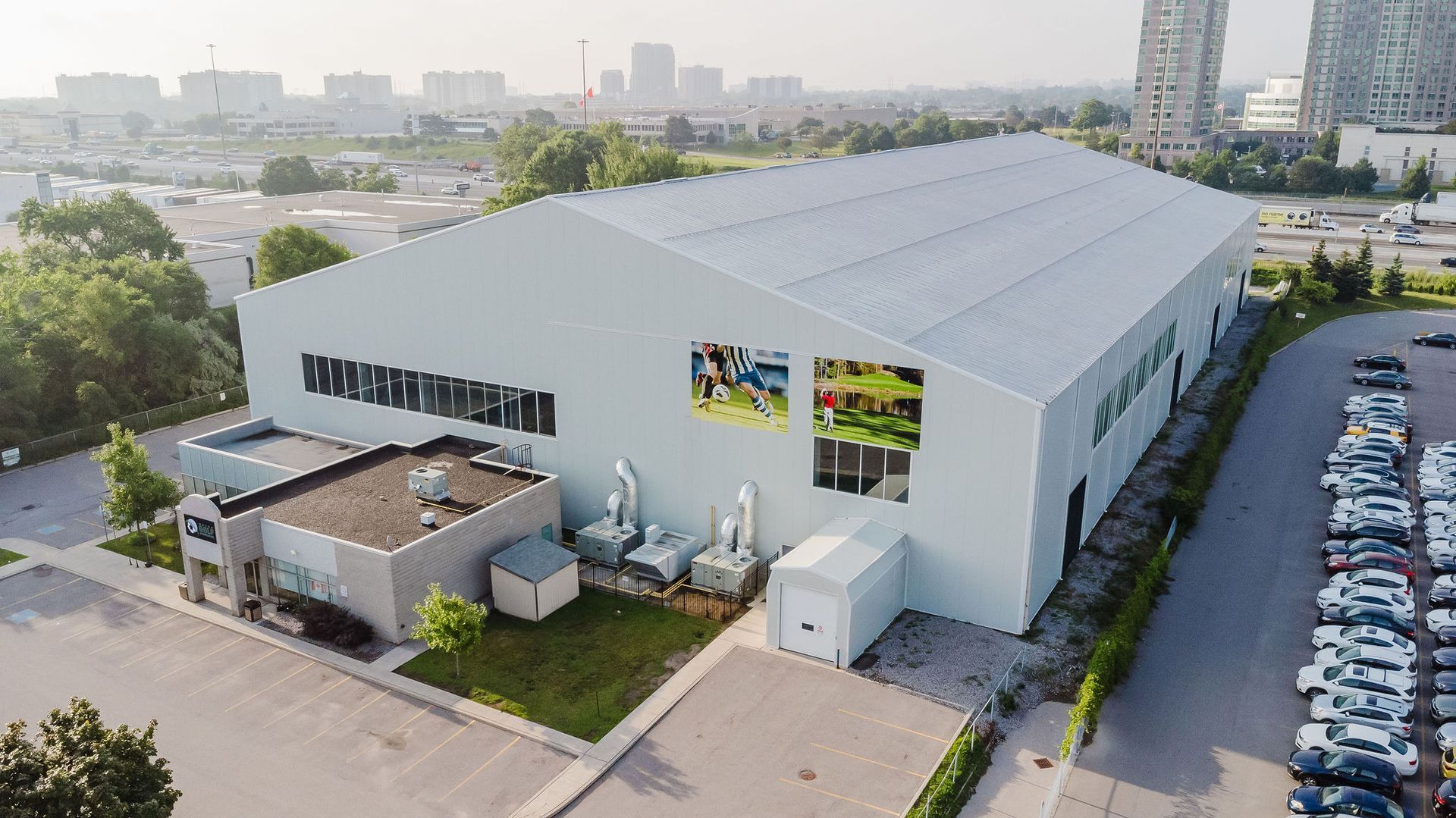 An aerial view of Metro Golf Sportsplex built by Double Black Construction.