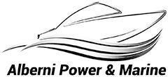 A black and white logo for alberni power & marine with a boat in the water.