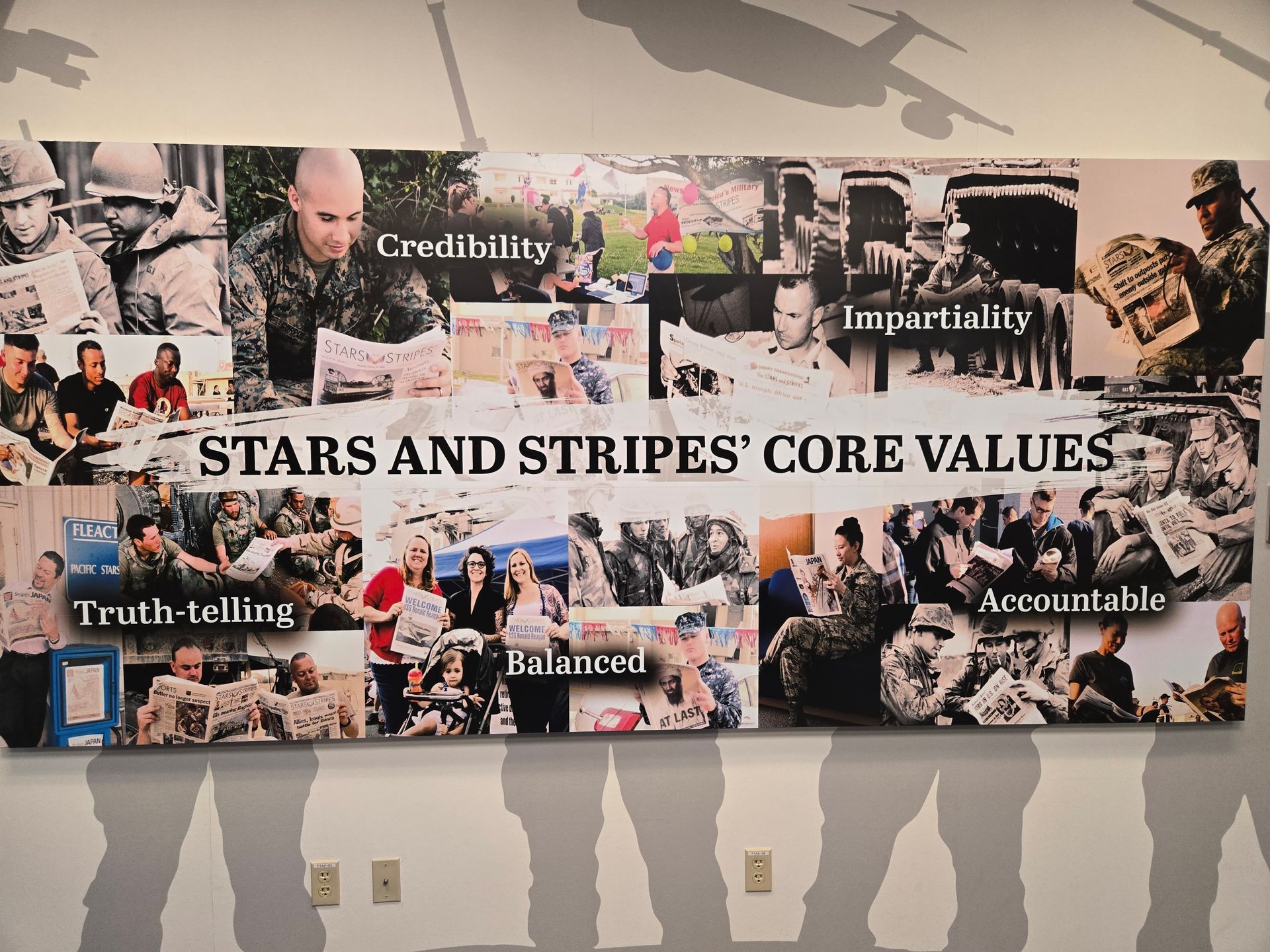 Stars and Stripes newspaper banner with core values: credibility, impartiality, truth-telling, balanced, and accountable.