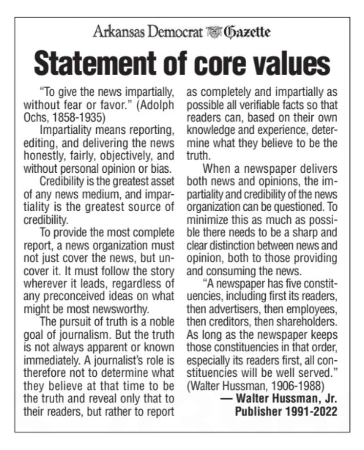 A newspaper article about the statement of core values
