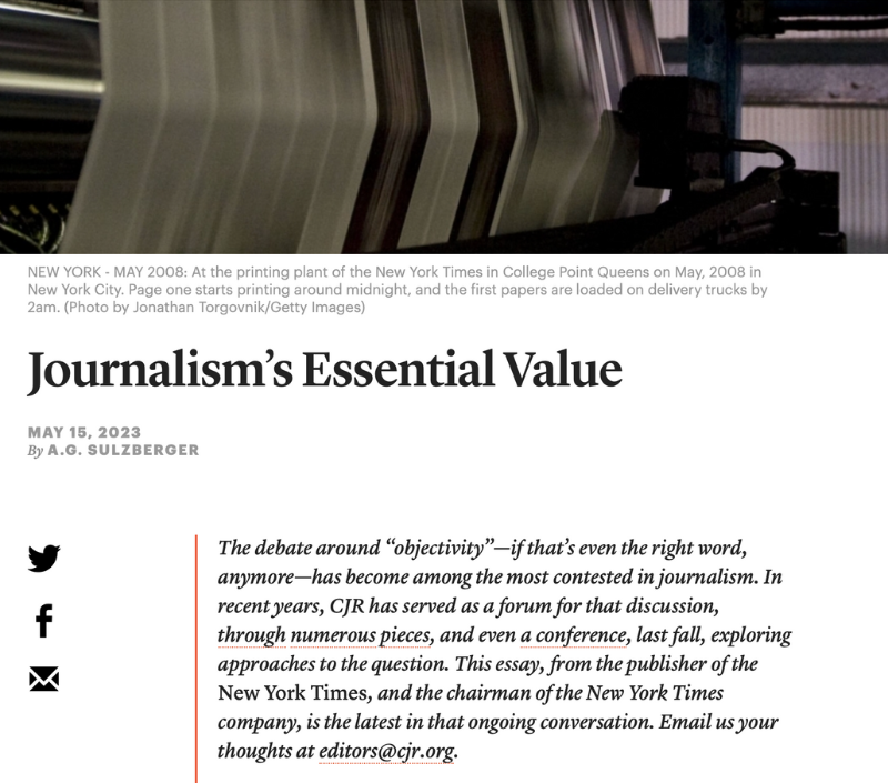 A newspaper article about journalism 's essential value