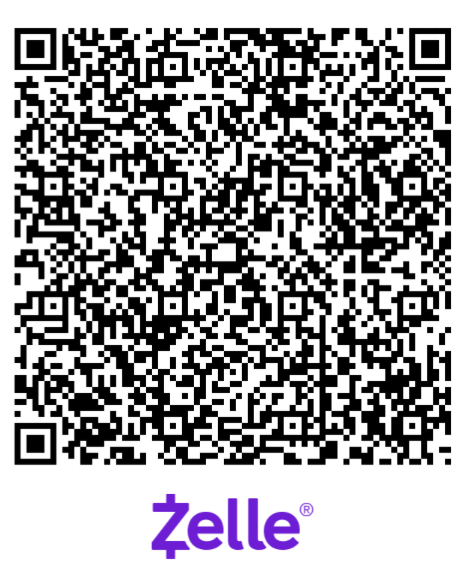 QR code for Zelle payment. Black and white, purple Zelle logo at the bottom.