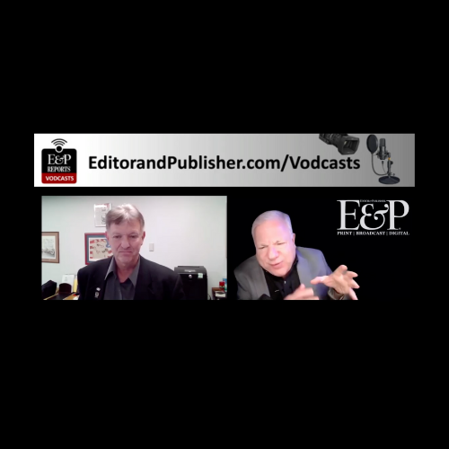 Two men in suits, conversing via a split-screen video, for EditorandPublisher.com vodcasts.